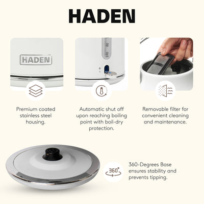 Haden 1.7 Liter Stainless Steel Body Retro Electric Tea Kettle, White (Open Box)
