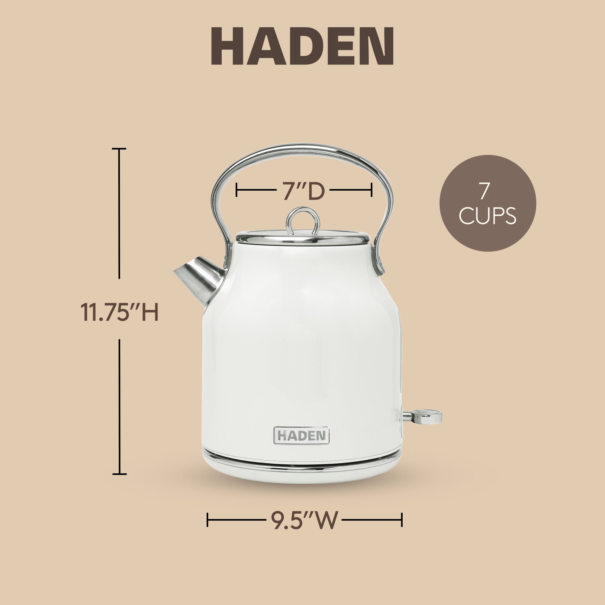 Haden 1.7 Liter Stainless Steel Body Retro Electric Tea Kettle, White (Open Box)