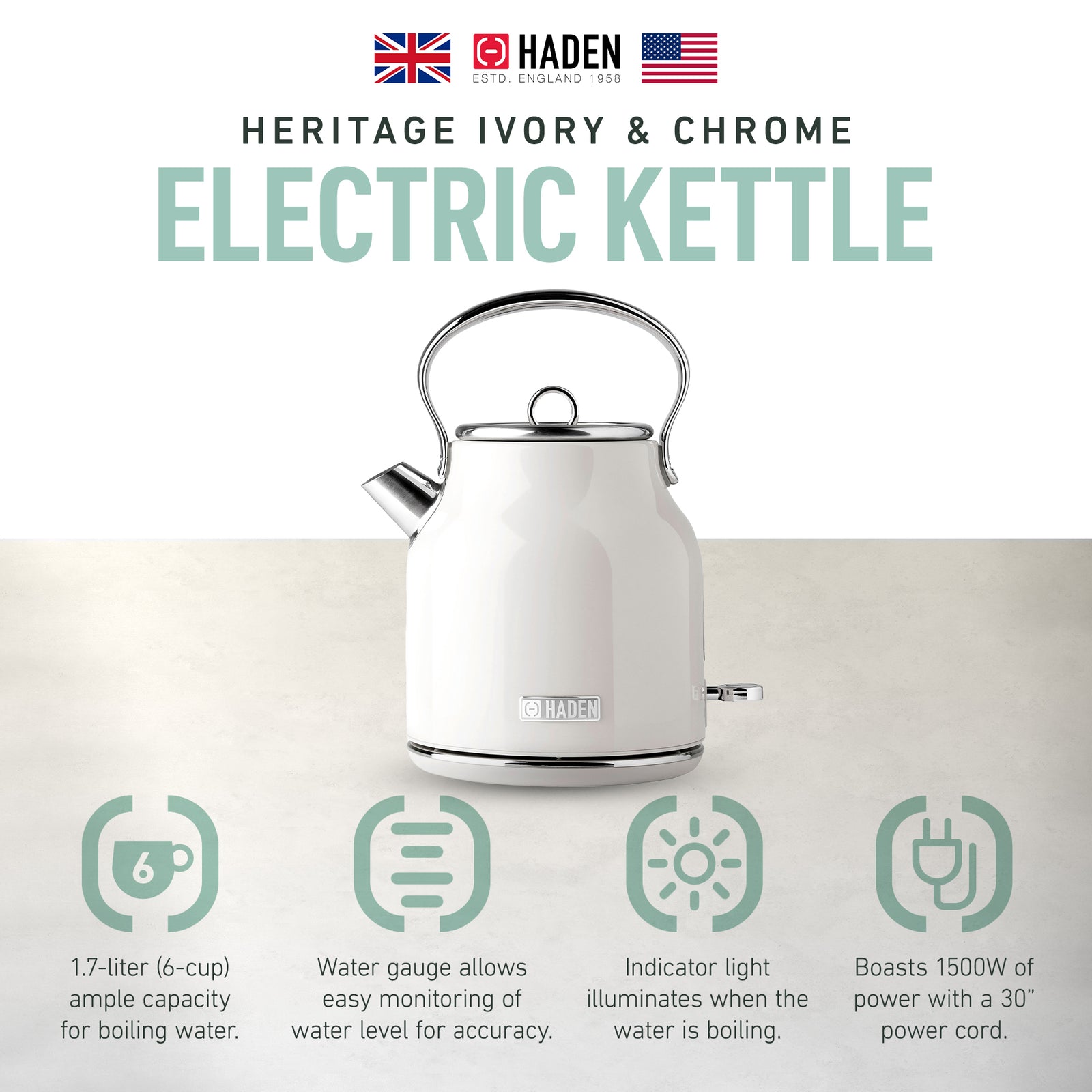 Haden Heritage 1.7 Liter Stainless Steel Electric Water Kettle, Ivory & Chrome - VMInnovations