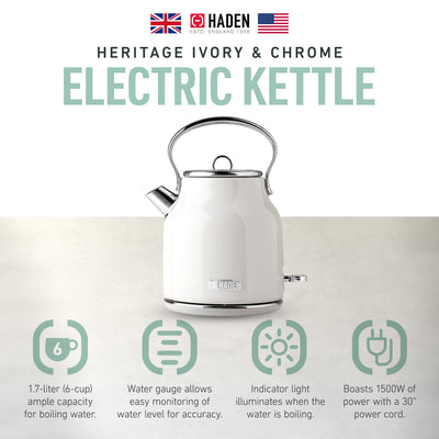 Haden 1.7 Liter Stainless Steel Body Retro Electric Tea Kettle, White (Used) - VMInnovations