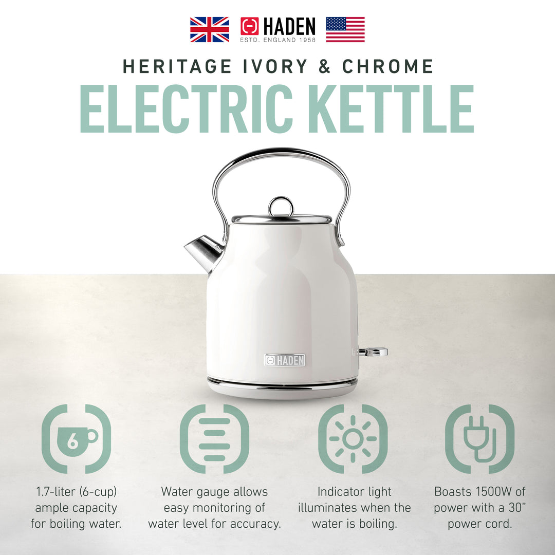 Haden Heritage 1.7 Liter Stainless Steel Electric Water Kettle, Ivory & Chrome