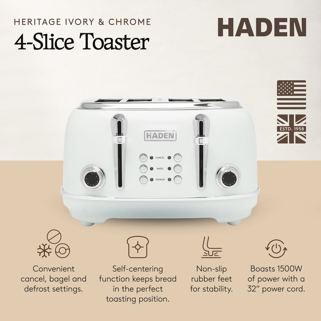 Haden Heritage 4 Slice Wide Slot Stainless Steel Toaster, Ivory & Chrome