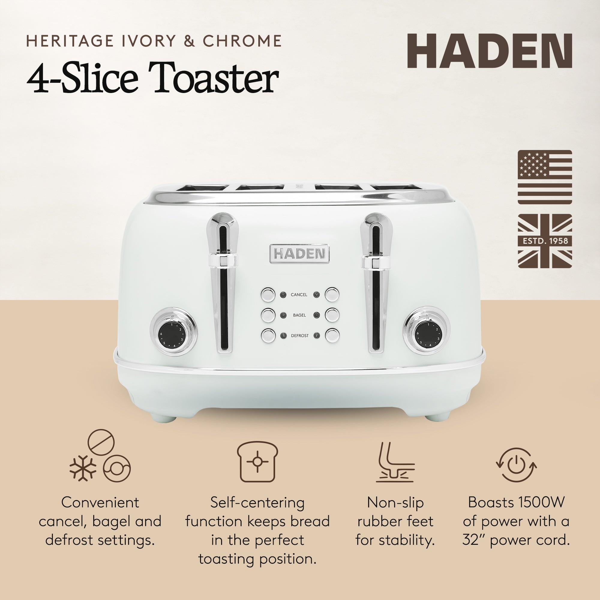 Haden Heritage 4 Slice Toaster & Dorset 1.7L Electric Water Kettle, Ivory/Chrome