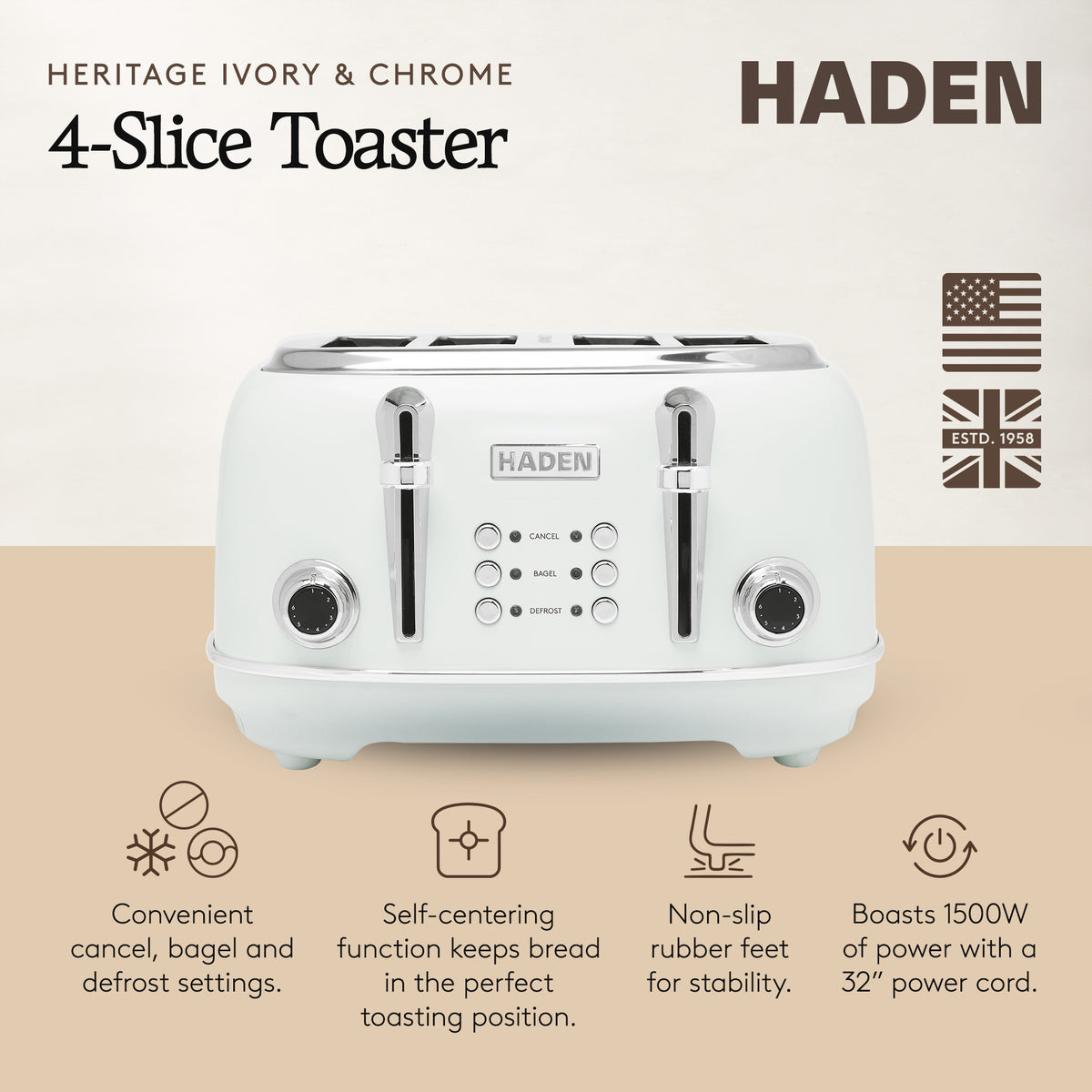 Haden Heritage 4 Slice Wide Slot Stainless Steel Toaster, Ivory/Chrome(Open Box) - VMInnovations