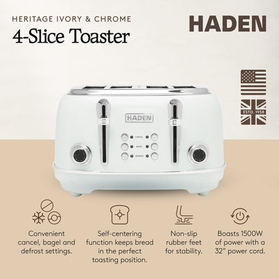 Haden Heritage 4 Slice Wide Slot Stainless Steel Body Retro Toaster (Open Box) - VMInnovations