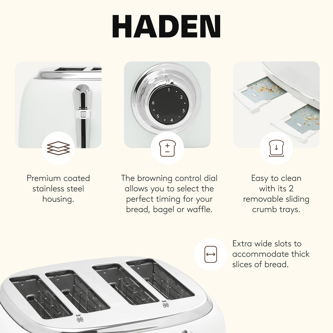 Haden Heritage 4 Slice Wide Slot Stainless Steel Toaster, Ivory & Chrome