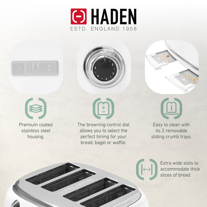 Haden Heritage 4 Slice Wide Slot Stainless Steel Toaster, Ivory & Chrome