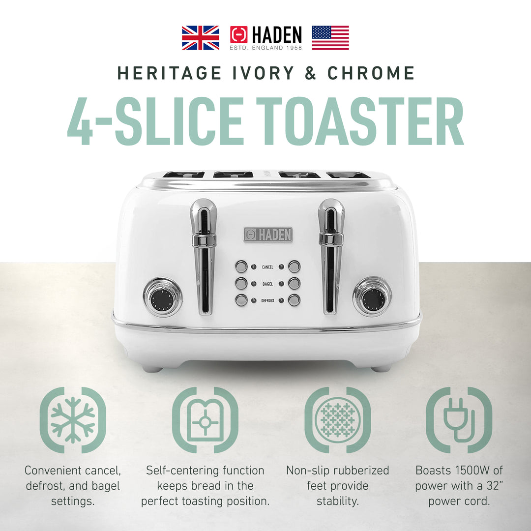 Haden Heritage 4 Slice Wide Slot Stainless Steel Toaster, Ivory & Chrome