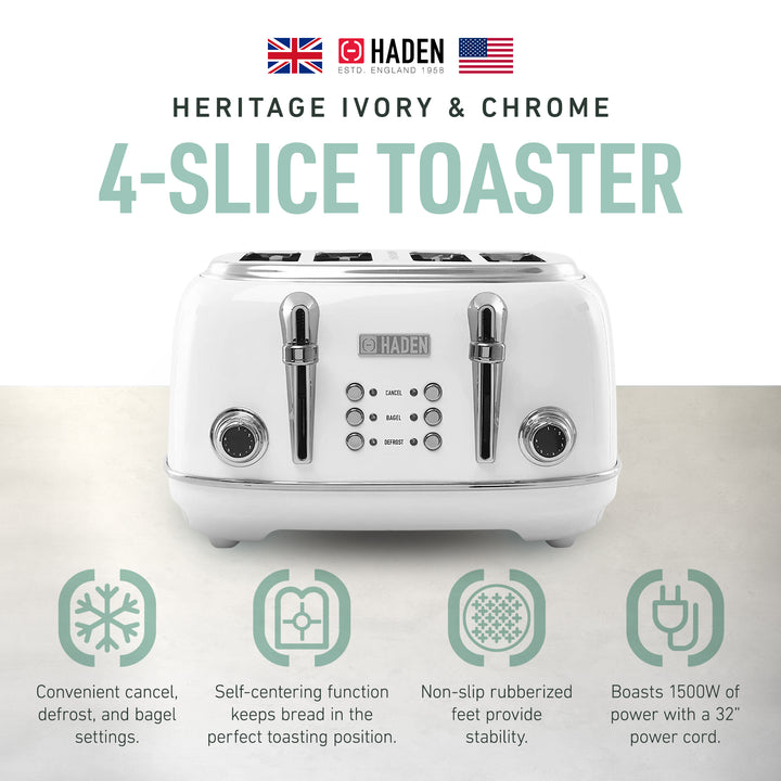 Haden Heritage 4 Slice Wide Slot Stainless Steel Toaster, Ivory/Chrome(Open Box)