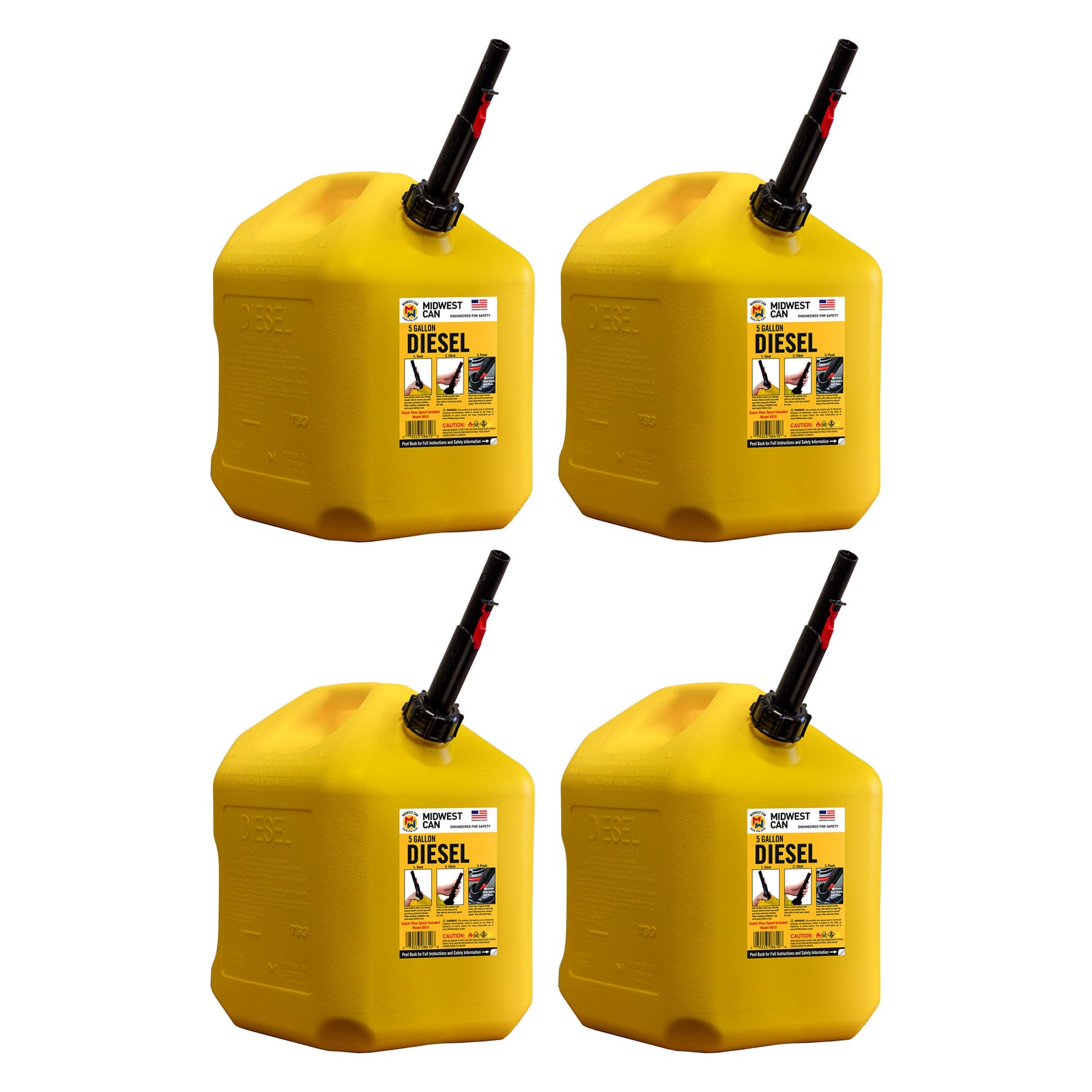 Midwest Can Company 5 Gallon Diesel Can Fuel Container w/ Auto Shut Off (4 Pack) - VMInnovations