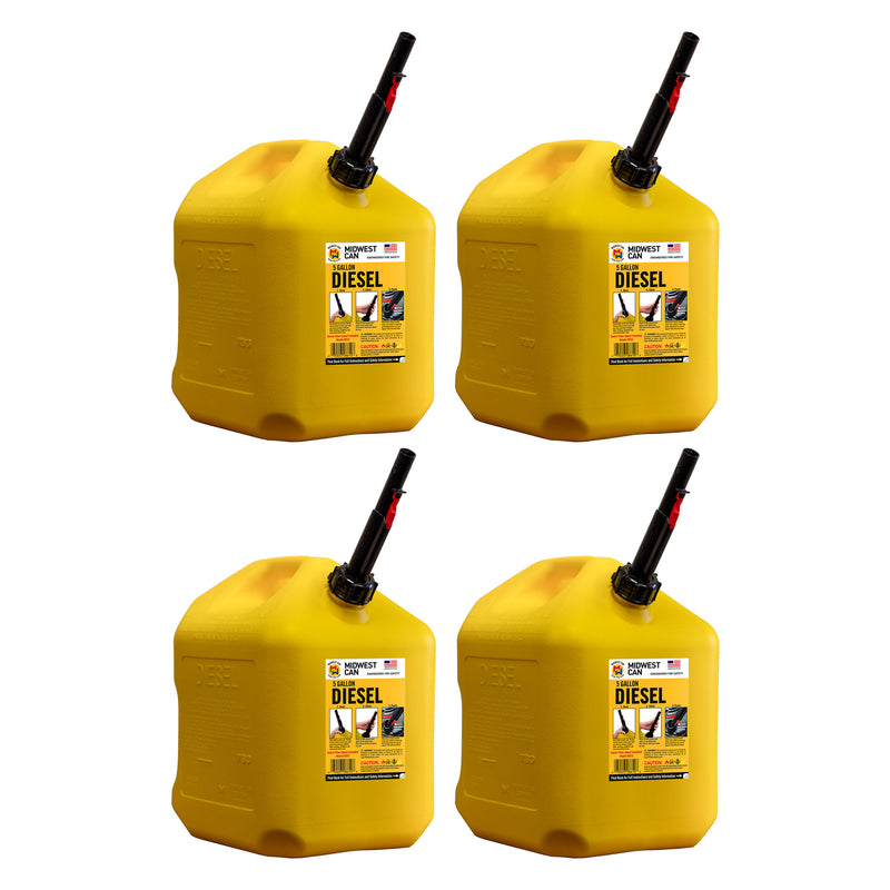 Midwest Can Company 5 Gallon Diesel Can Fuel Container w/ Auto Shut Off (4 Pack)