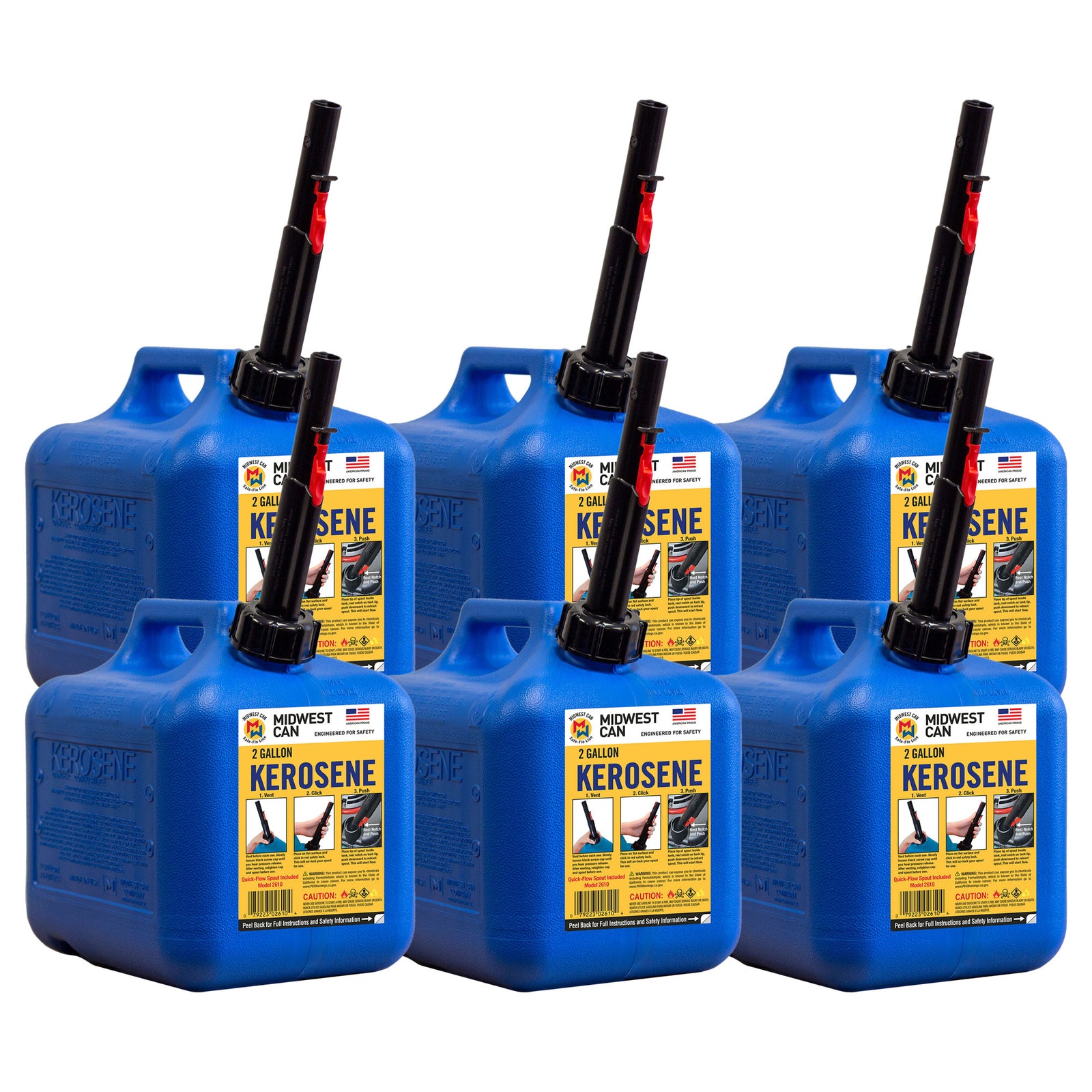 Midwest Can Company 2610 2 Gallon Kerosene Gas Can Container w/ Spout (6 Pack) - VMInnovations