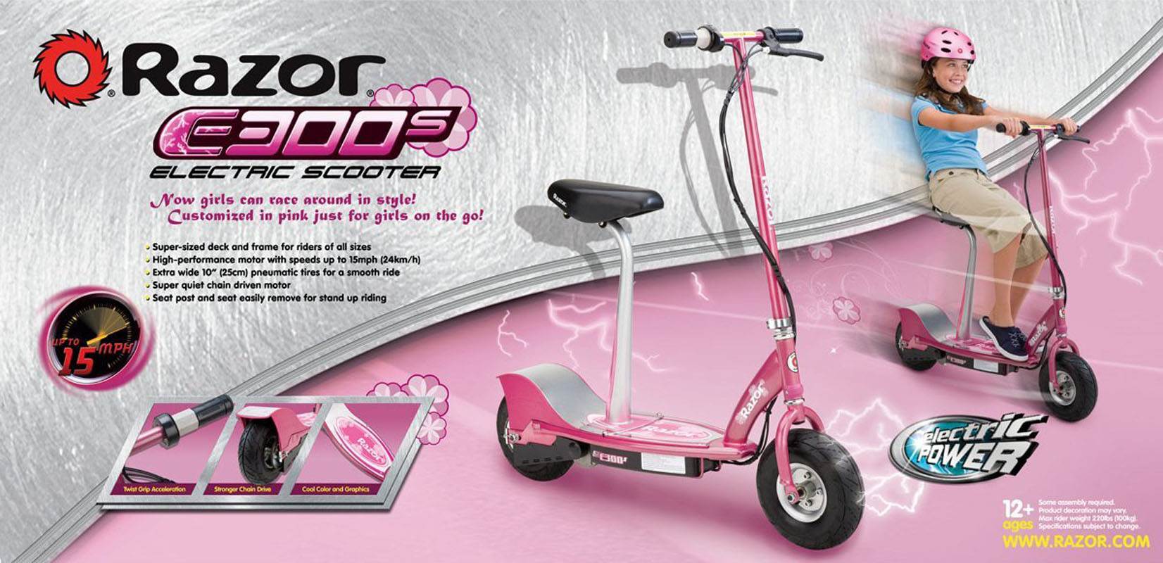 Razor E300S Seated Electric Scooter - Pink (Sweet Pea) - Lightly Used