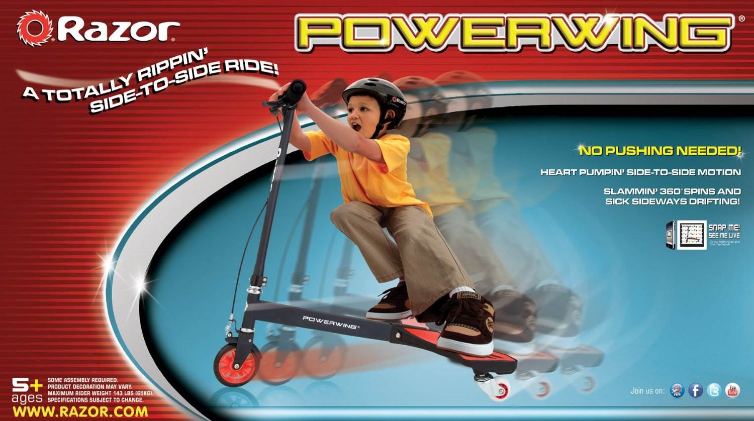 Razor Power Wing 3-Wheel Caster Kids Scooter - Red & Black | 20036058