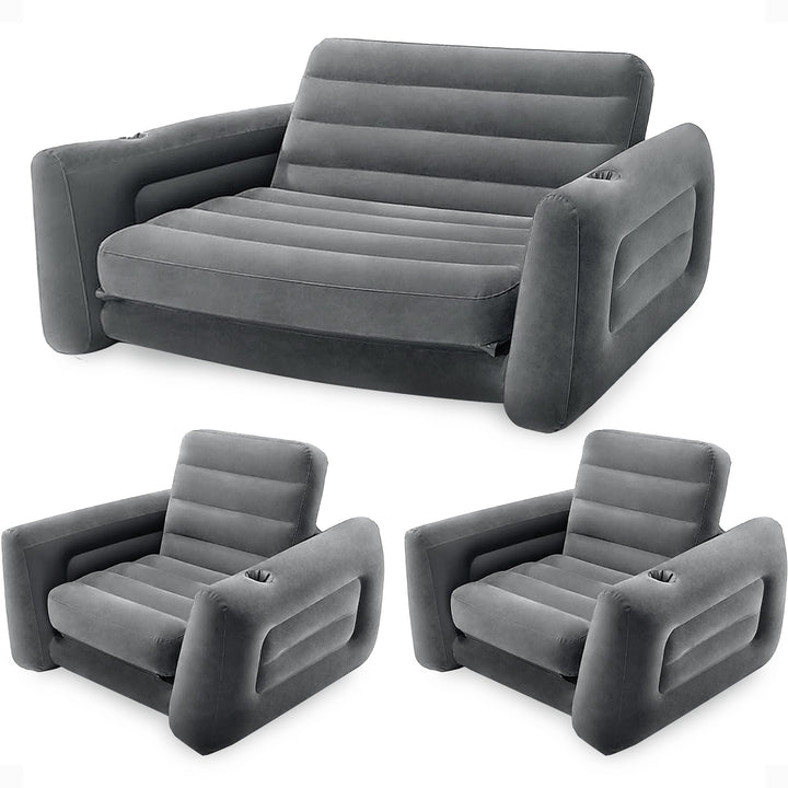 Intex Queen Size Inflatable Pull-Out Sofa Bed Couch and Chair Sleeper, Dark Gray