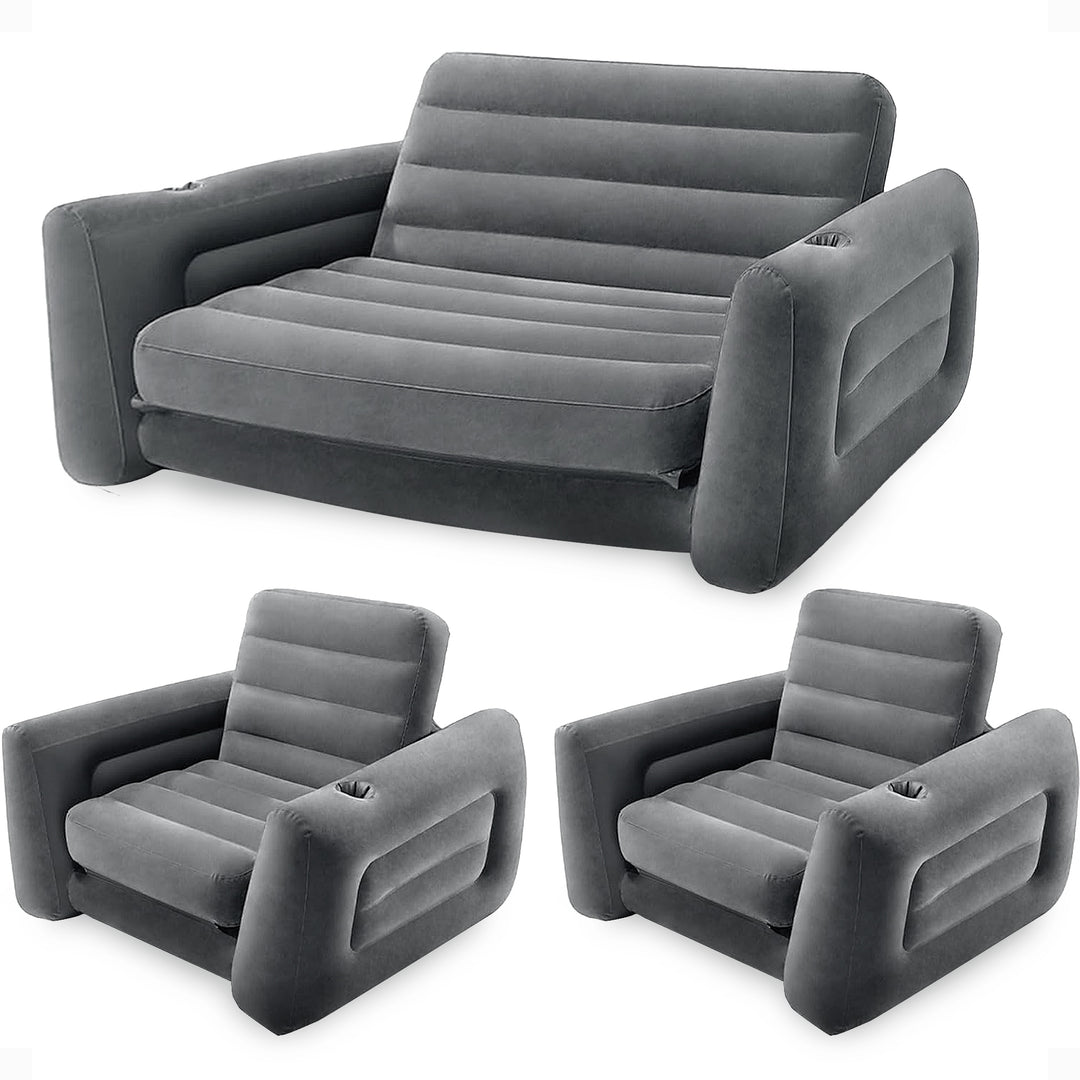 Intex Queen Size Inflatable Pull-Out Sofa Bed Couch and Chair Sleeper, Dark Gray - VMInnovations