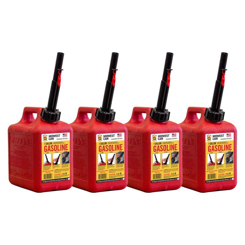 Midwest Can Company 1210 1 Gallon Gas Can Fuel Container Jugs w/ Spout (4 Pack)