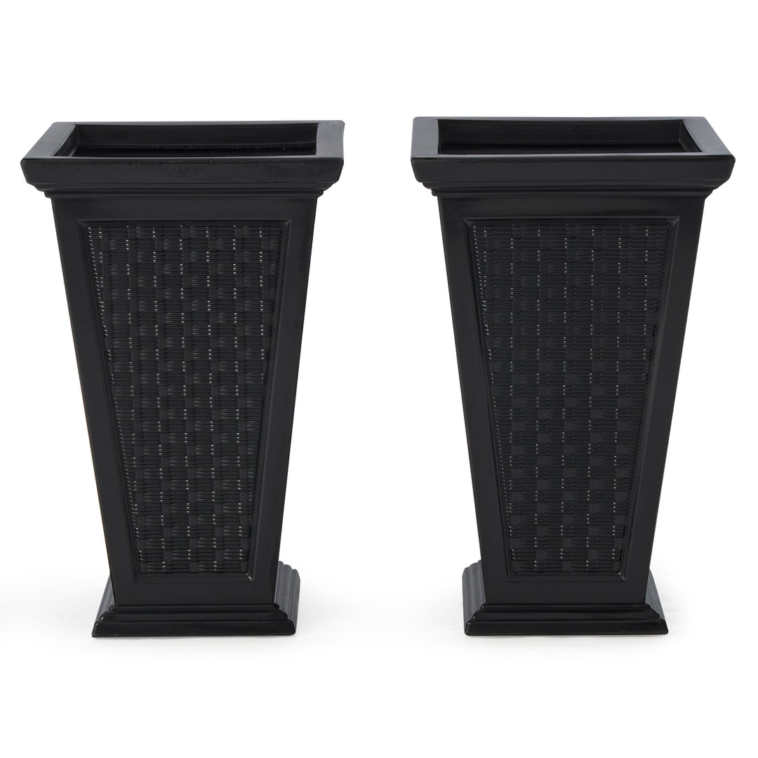 FCMP Outdoor Wicker Pattern Resin 24" Self-Watering Pedestal Taper Planter, 2 Pk