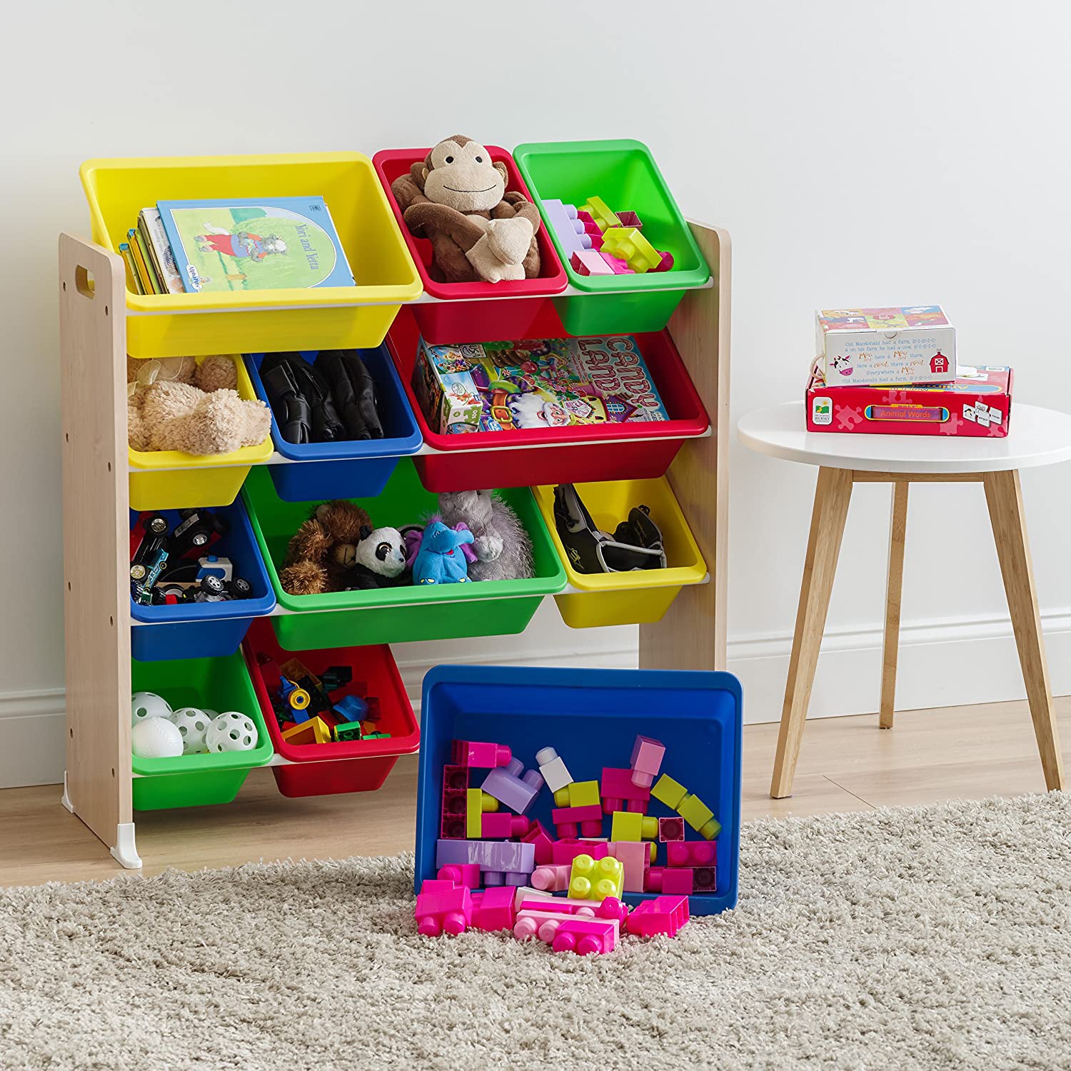 IRIS USA 596352 Kid's Room Playroom Toy Storage 4-Tier Storage Bin Rack, Primary