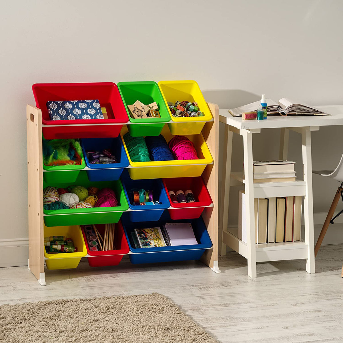 IRIS USA 596352 Kid's Room Playroom Toy Storage 4-Tier Storage Bin Rack, Primary