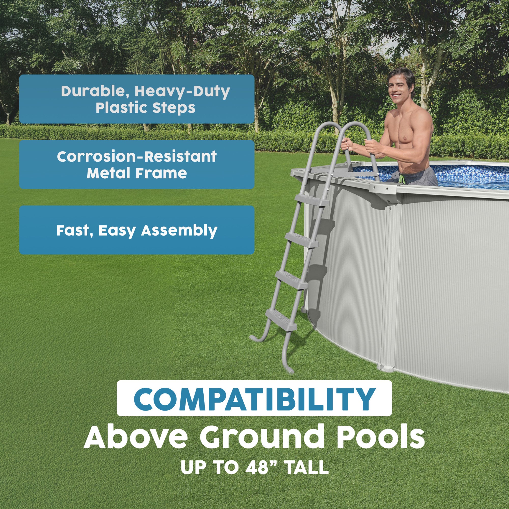Bestway Pool Ladder for 42" or 48" Tall Pools, Metal Frame with Plastic Steps