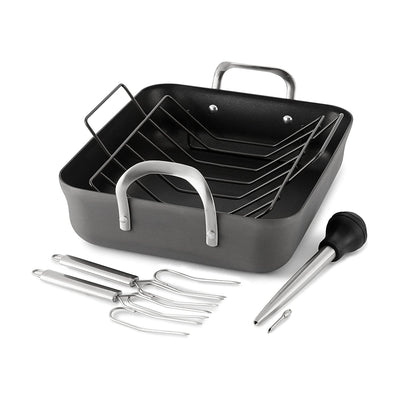 Calphalon 5 Piece 16 Inch Nonstick Roaster Pan and Rack Set, Black (Used)