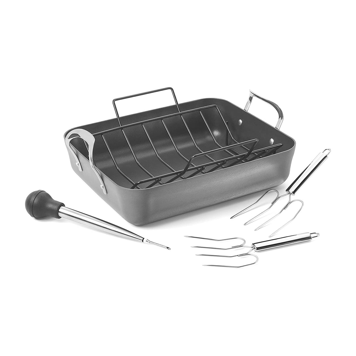 Calphalon 5 Piece 16 Inch Nonstick Roaster Pan and Rack Set, Black (Used)
