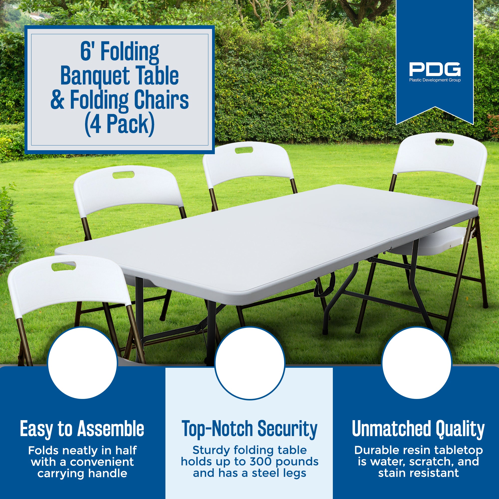 Plastic Development Group 6' Folding Banquet Table & Folding Chairs (4 Pack) - VMInnovations