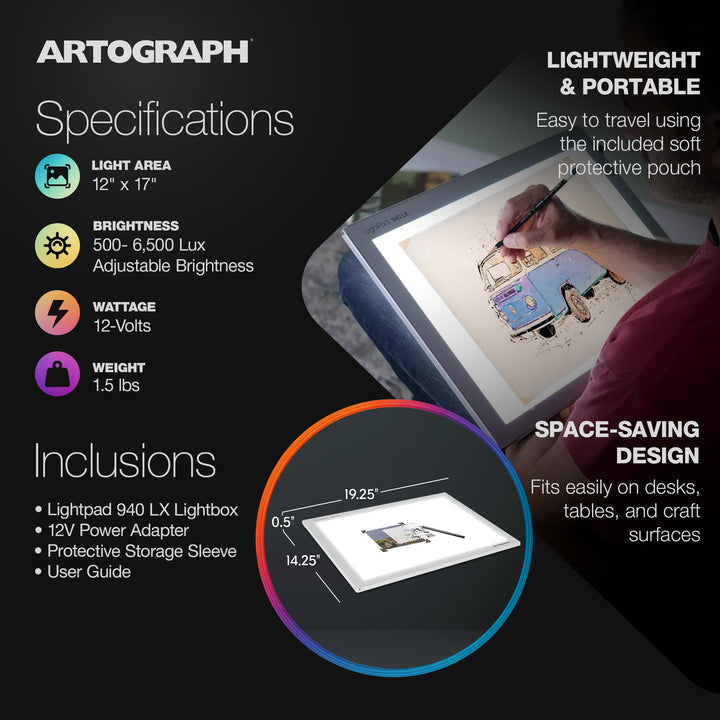 Artograph LightPad 940 LX 17" x 12" Dimmable LED Light Box for Drawing & Tracing - VMInnovations