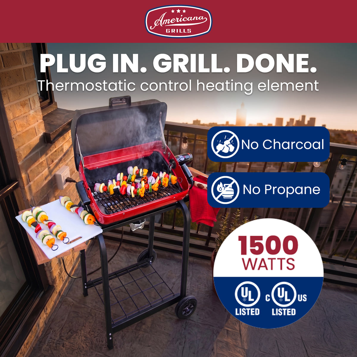 Americana 9325U8.181 Portable Electric Cart Grill with Two Folding Tables, Red