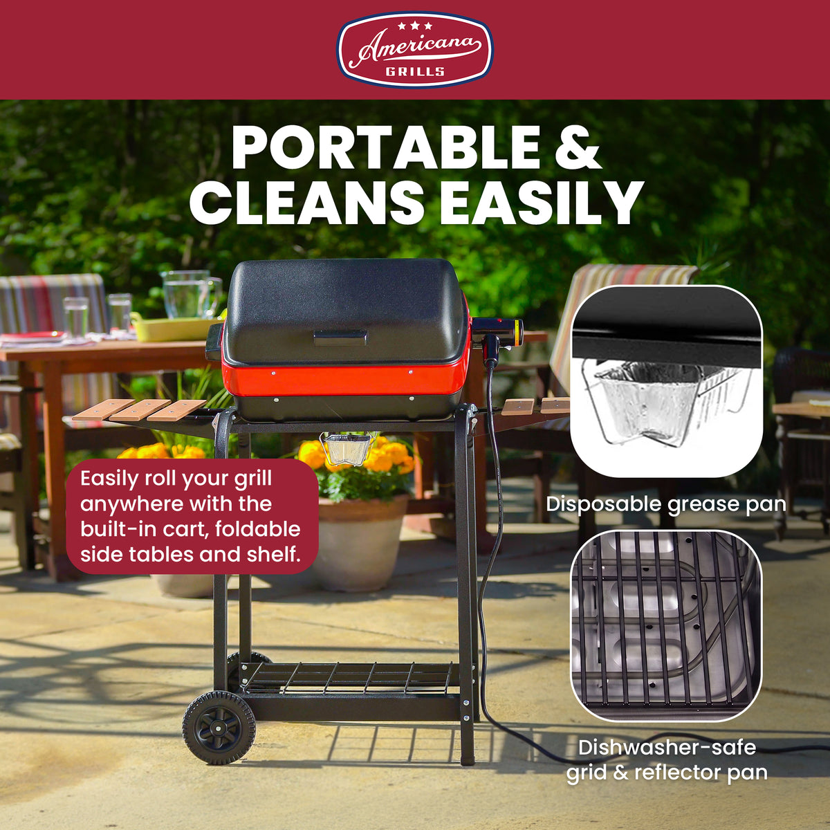 Americana 9325U8.181 Portable Electric Cart Grill with Two Folding Tables, Red