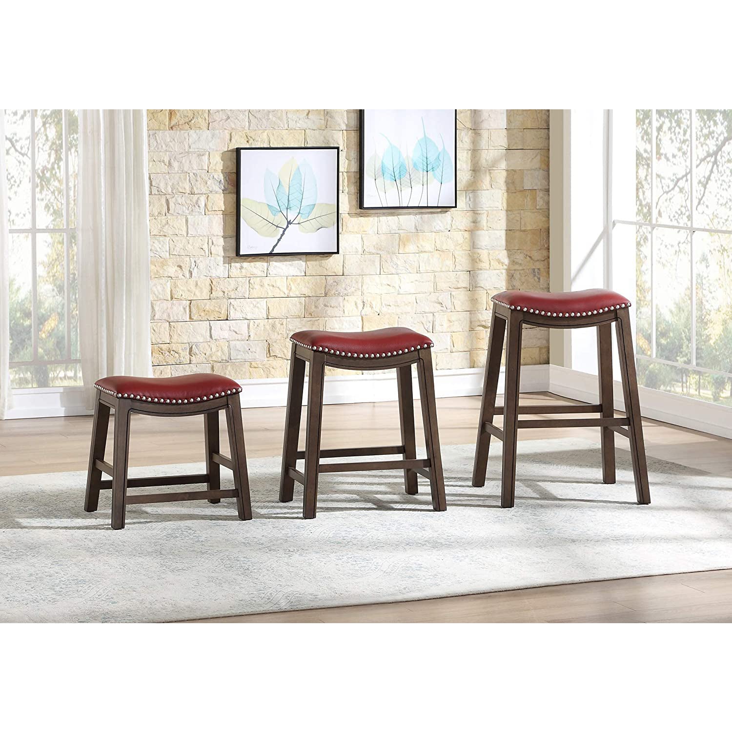 Homelegance 24" Counter Height Wooden Saddle Seat Barstool, Red (4 Pack)