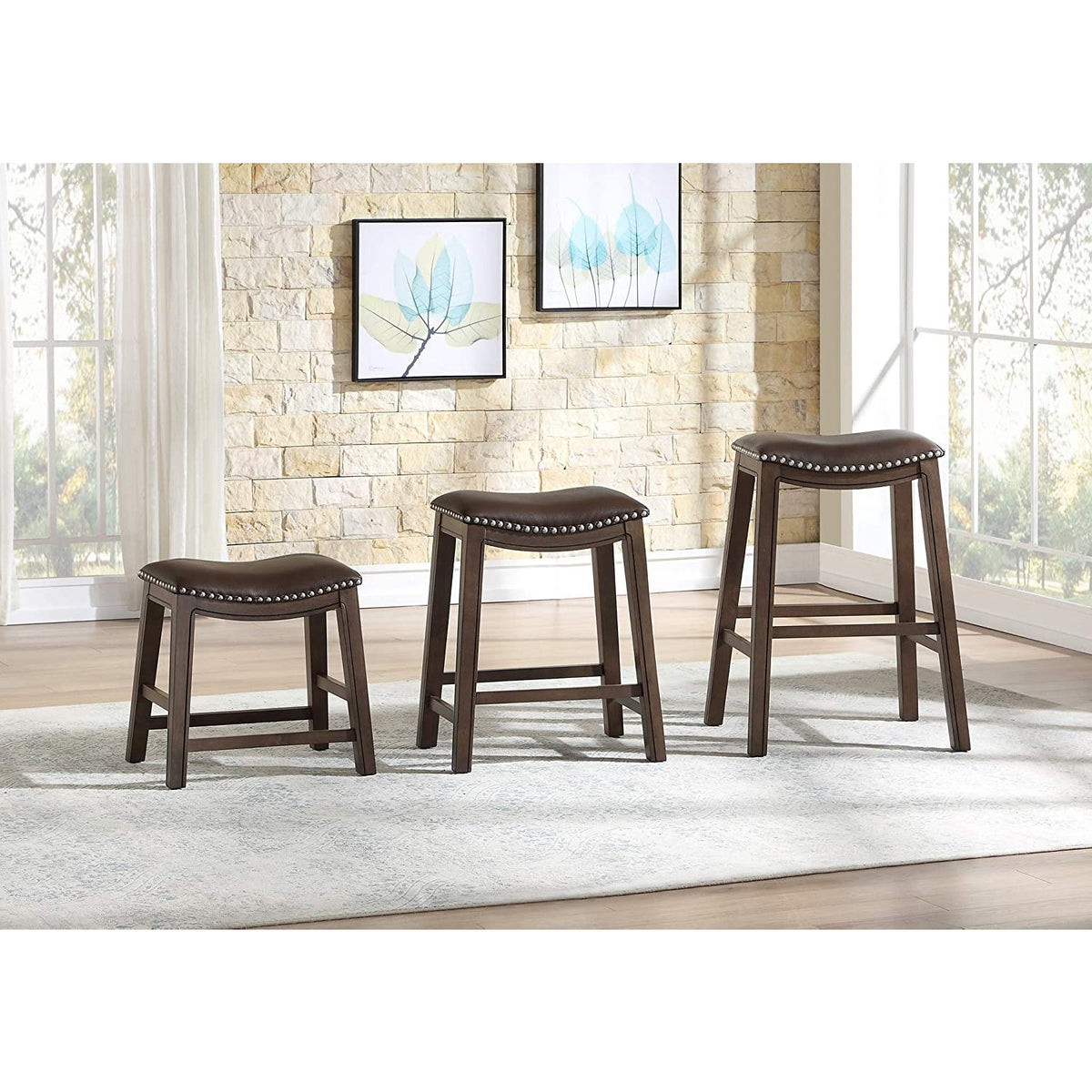 Homelegance 18-Inch Dining Height Wooden Saddle Seat Barstool, Brown (2 Pack)