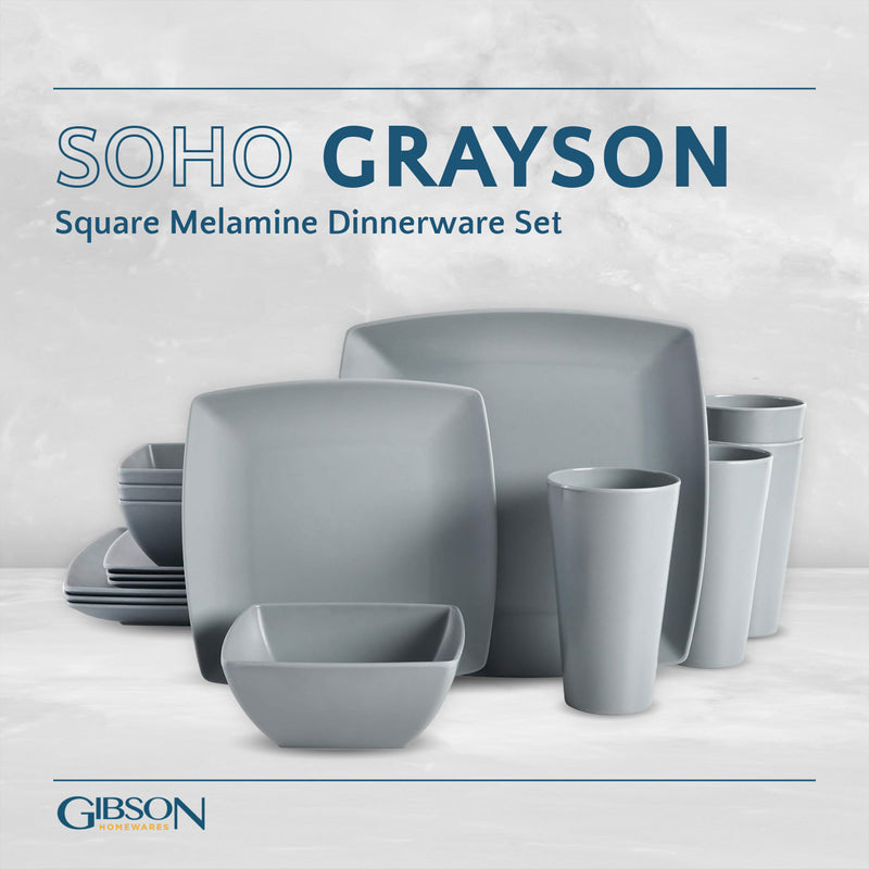 Gibson Home 16 Piece Square Melamine Dinnerware Set Plates, Bowls, & Cups, Grey - VMInnovations