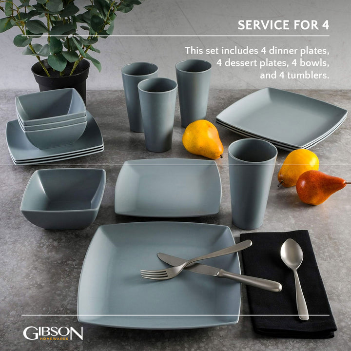 Gibson Home 16 Piece Square Melamine Dinnerware Set Plates, Bowls, & Cups, Grey