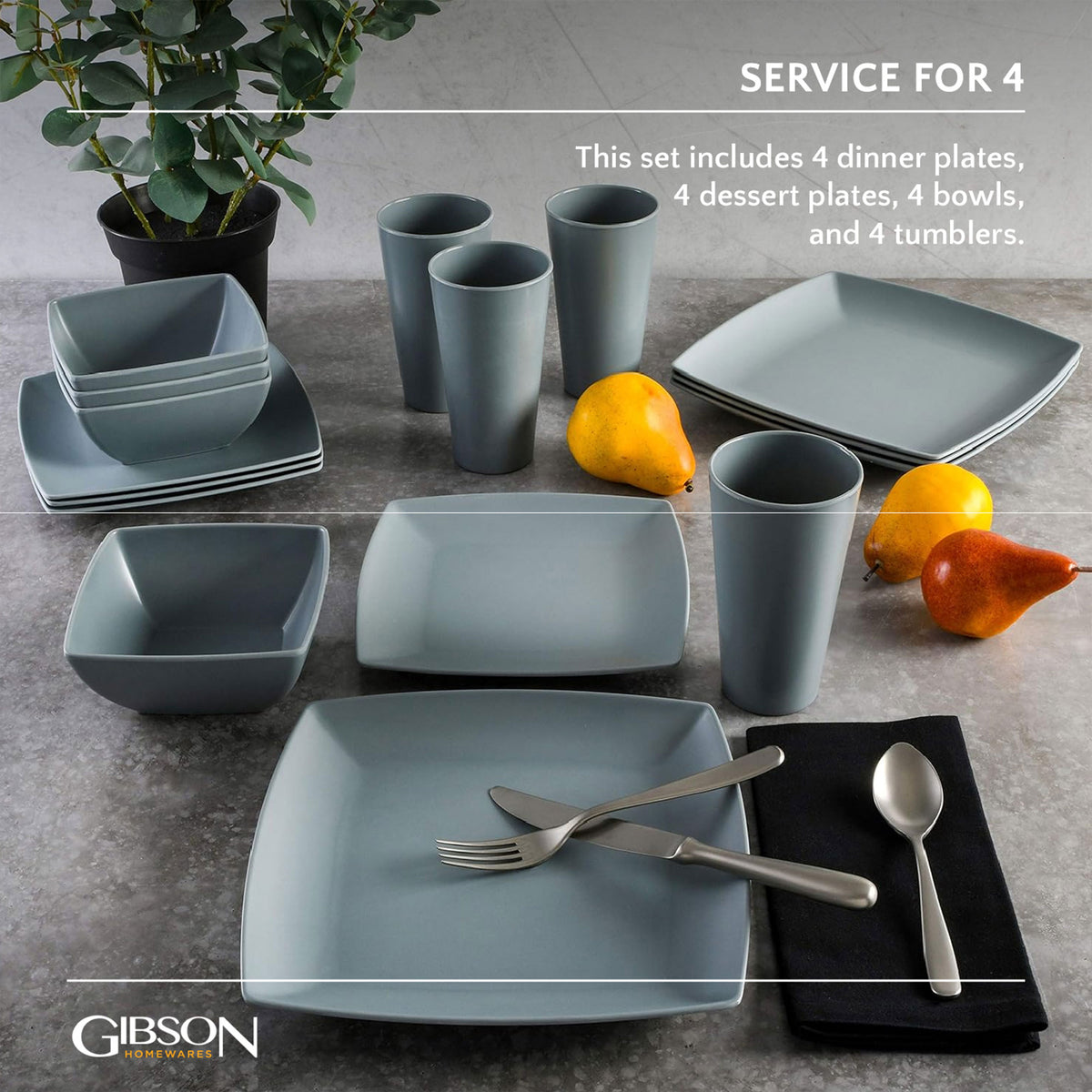 Gibson Home 16 Piece Square Melamine Dinnerware Set Plates, Bowls, & Cups, Grey (Refurbished)