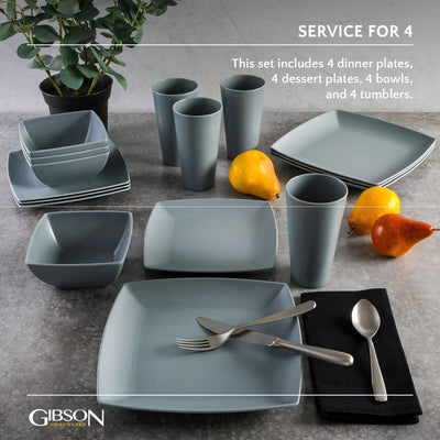 Gibson Home 16 Piece Square Melamine Dinnerware Set Plates, Bowls, & Cups, Grey (Refurbished)