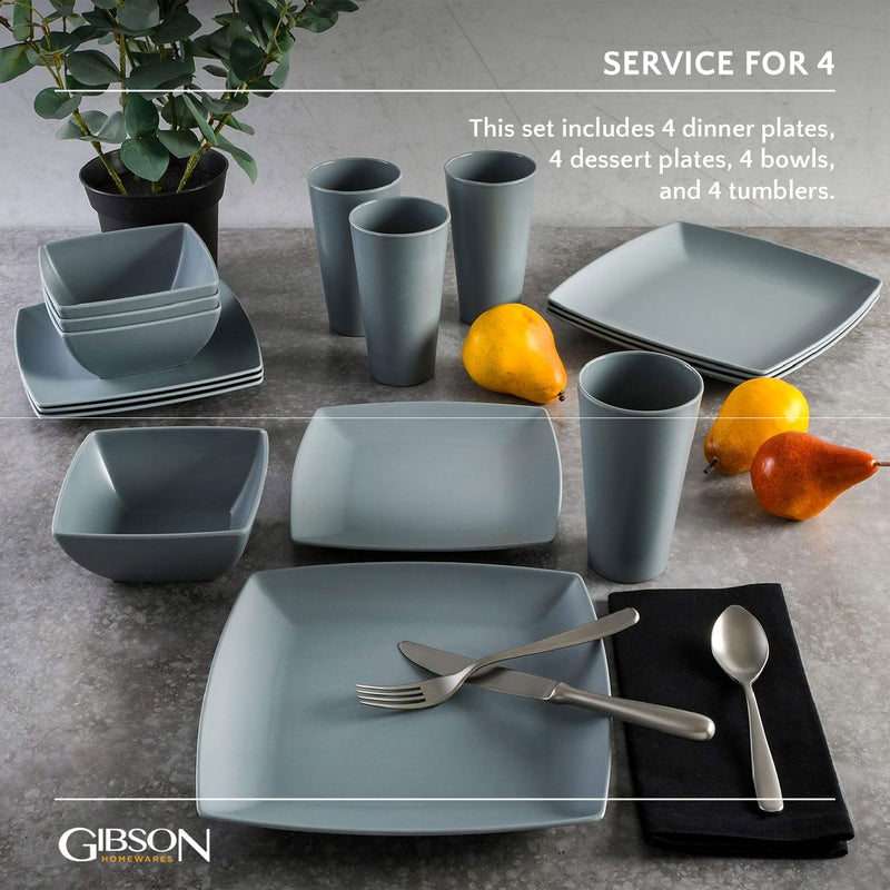 Gibson Home 16 Piece Square Melamine Dinnerware Set Plates, Bowls, & Cups (Used)