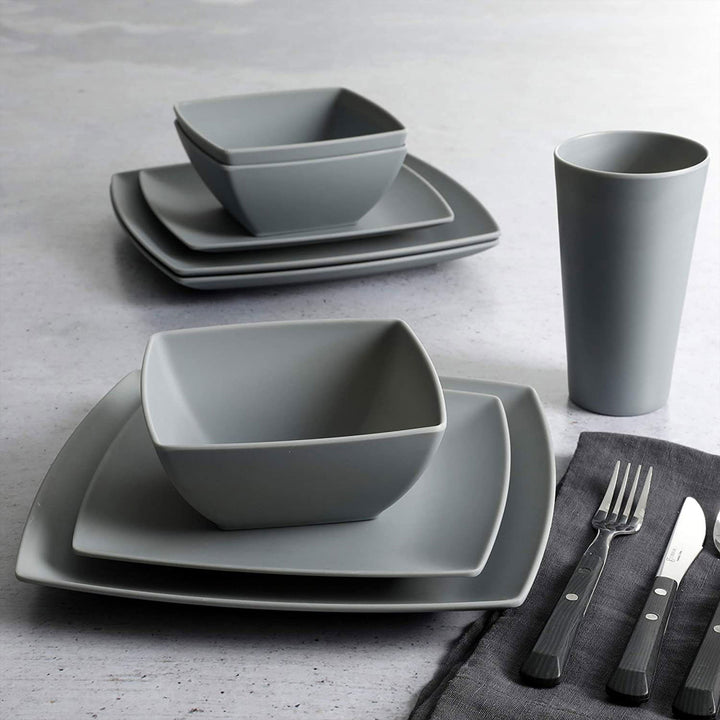 Gibson Home 16 Piece Square Melamine Dinnerware Set Plates, Bowls, & Cups, Grey