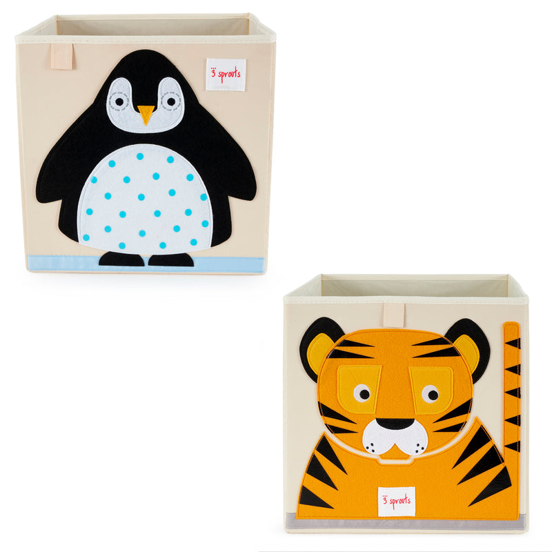 3 Sprouts Kids Foldable Fabric Penguin and Tiger Storage Cube Soft Toy Bins
