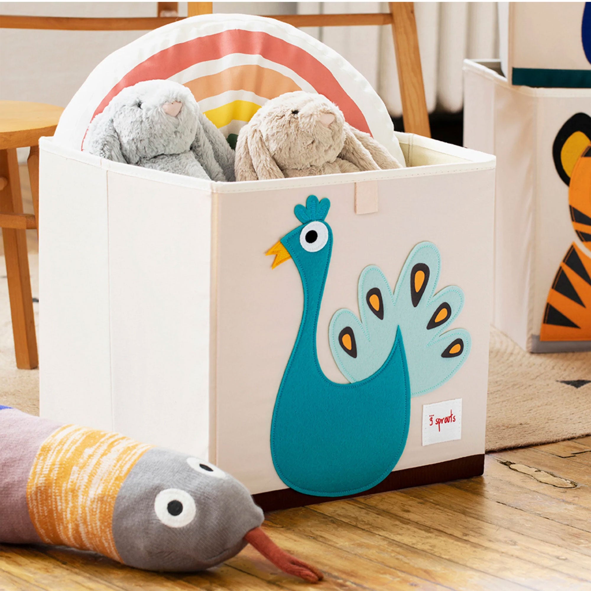 3 Sprouts Foldable Fabric Storage Cube Box Soft Toy Bin, Owl & Peacock (2 Pack)