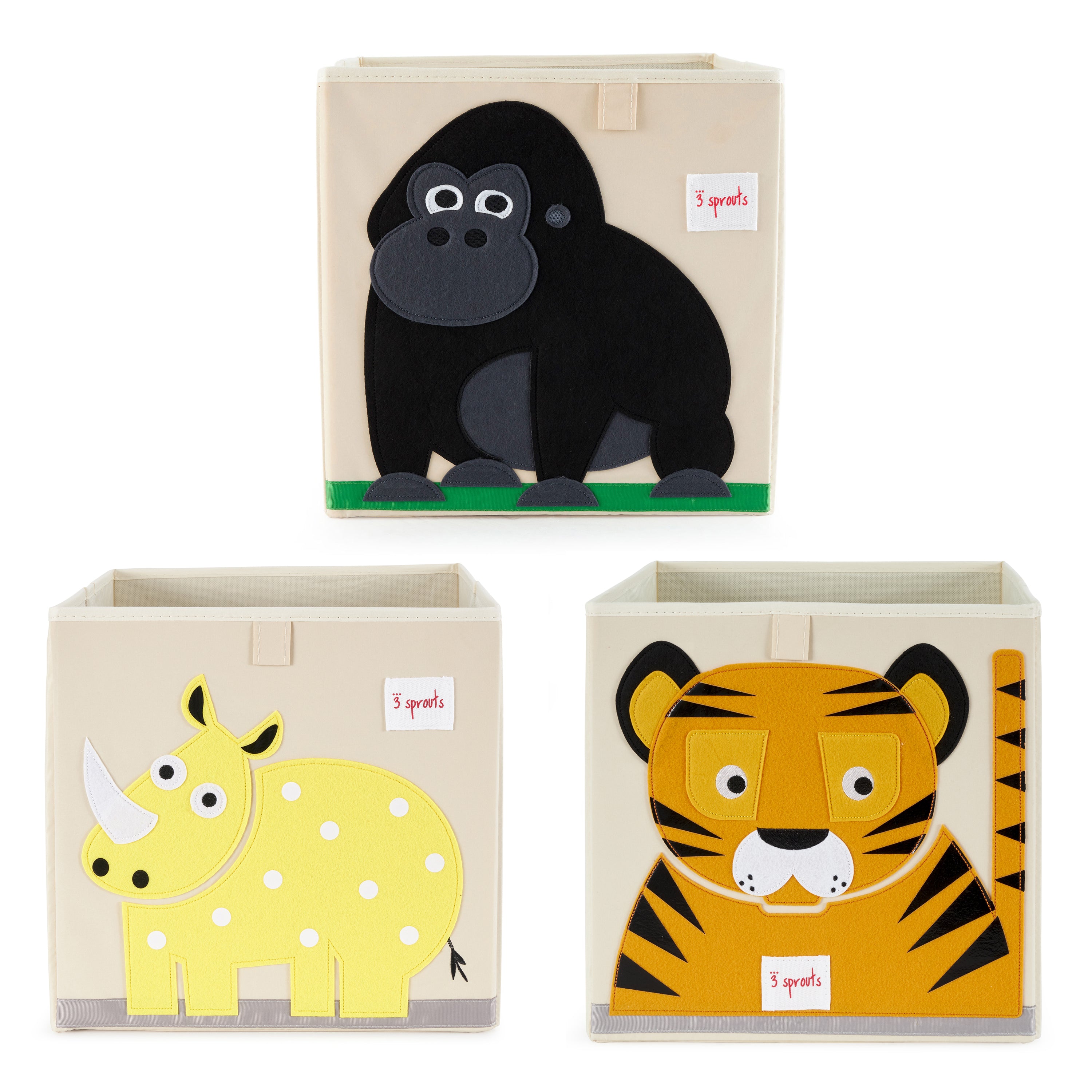 3 Sprouts Foldable Fabric Storage Cube Box Soft Toy Bin, Rhino, Tiger, & Gorilla
