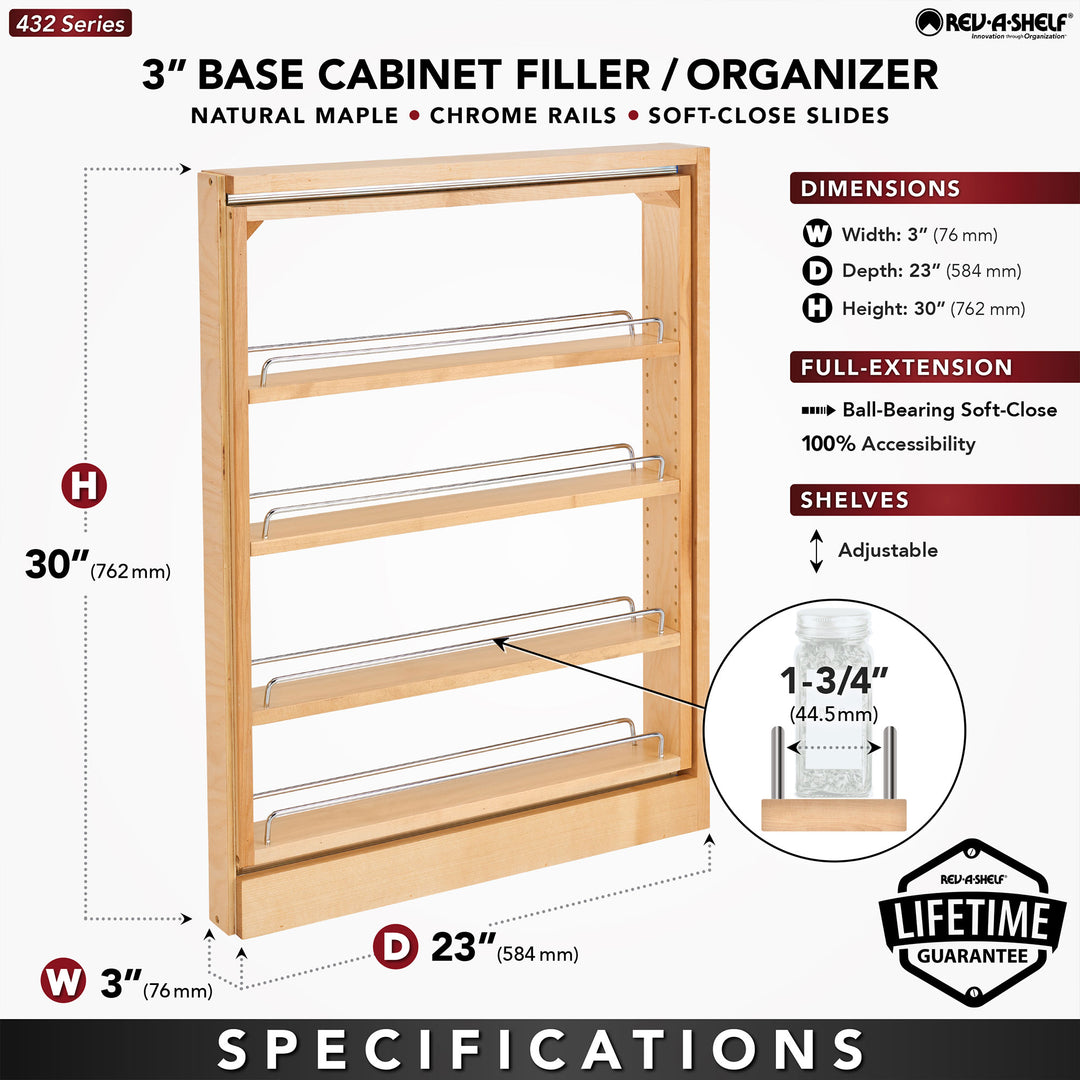 Rev-A-Shelf 3" Pullout Base Filler Cabinet Rack w/ Soft-close, 432-BFBBSC-3C