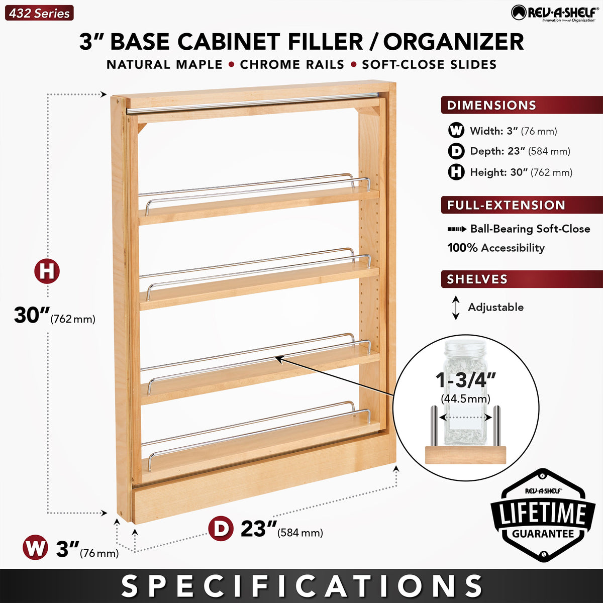 Rev-A-Shelf 432-BFBBSC-3C 3" Base Filler Soft Close Pullout Organizer (Used)