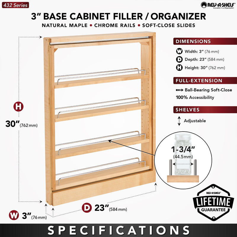 Rev-A-Shelf 3" Pull-Out Base Filler Cabinet Rack w/ Soft-Close, 432-BFBBSC-3C