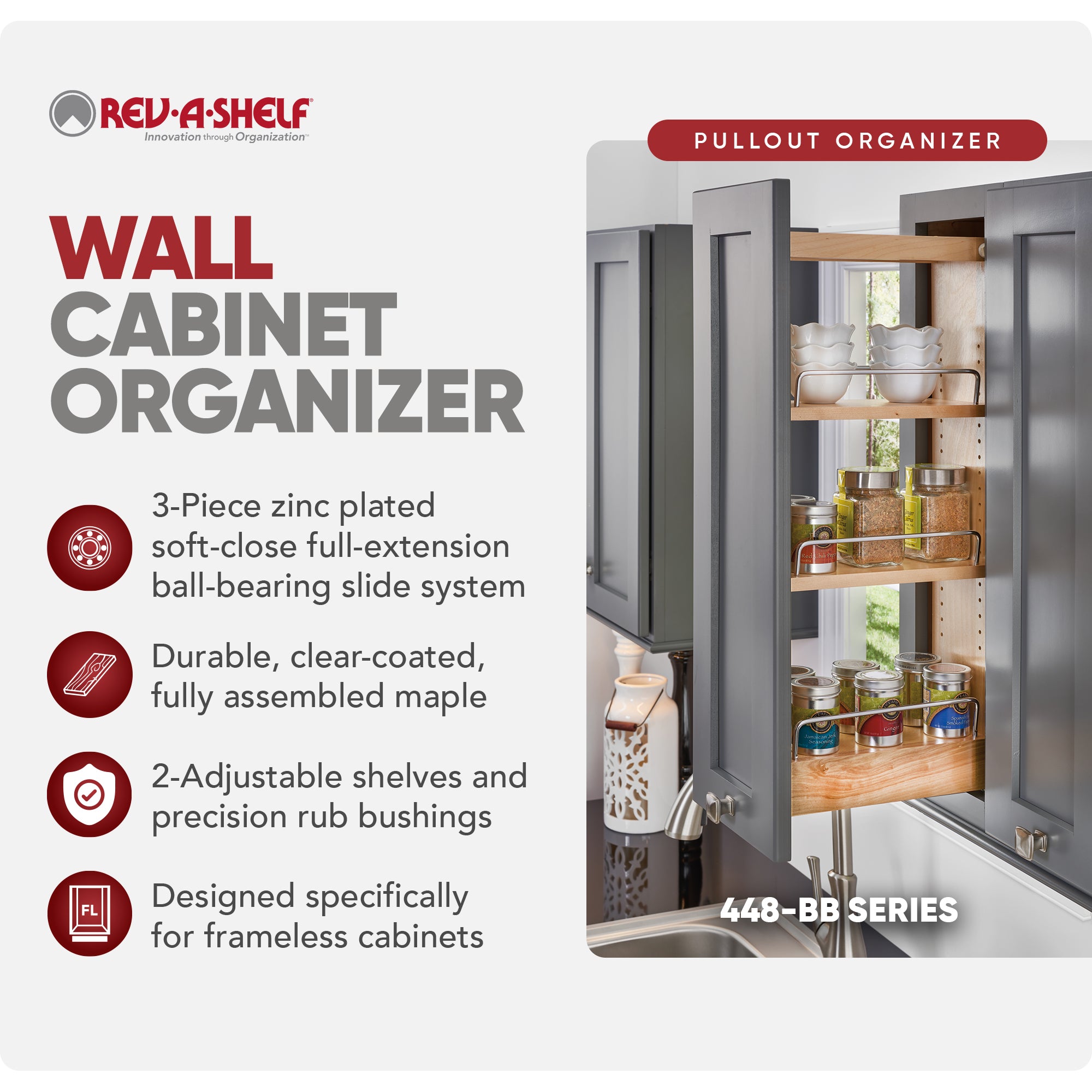 Rev-A-Shelf 8" Pullout Kitchen Wall Cabinet Organizer Soft-close, 448-BBSCWC-8C