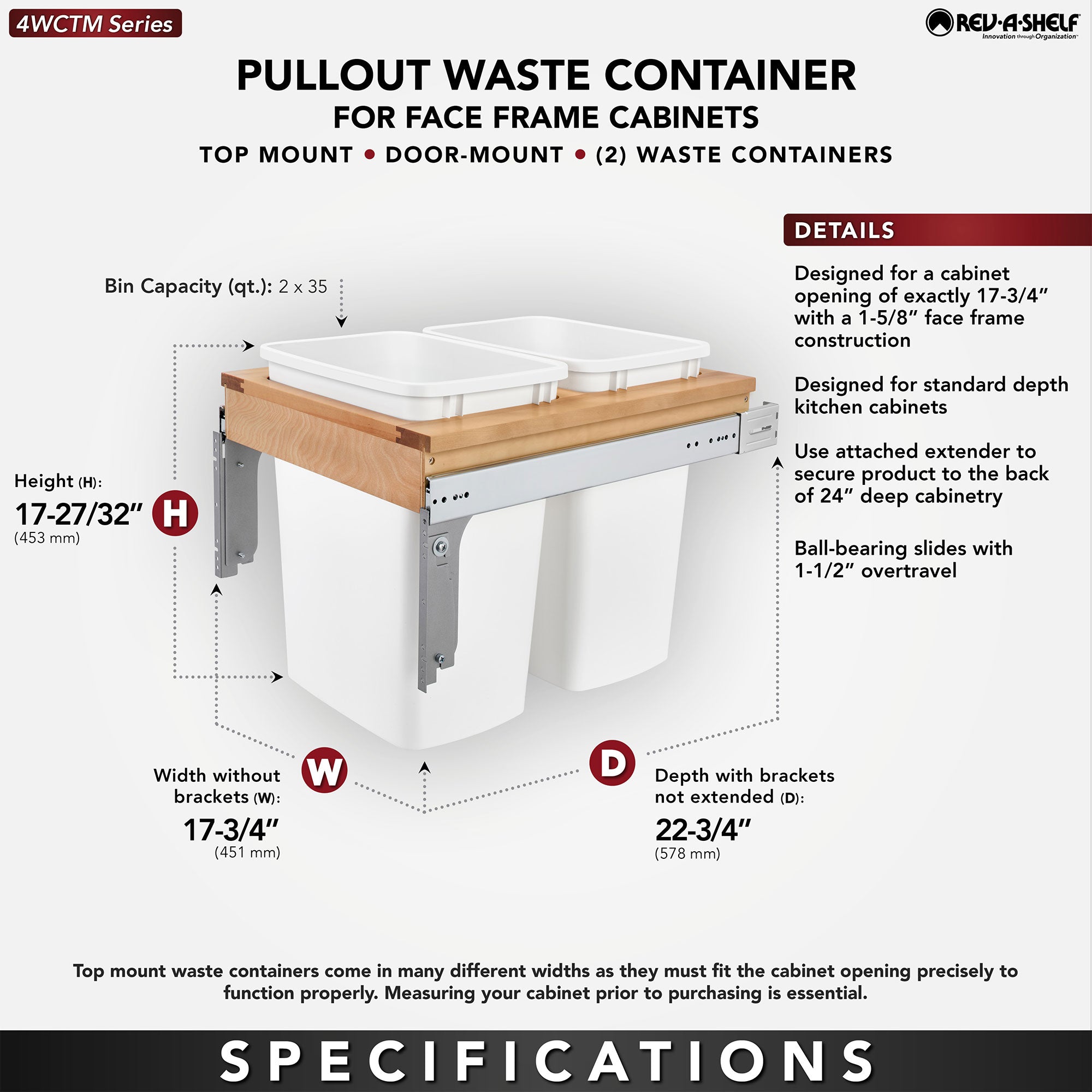Rev-A-Shelf 4WCTM-21DM2-162 Double 35-Qt Pull Out Waste Container (Open Box)