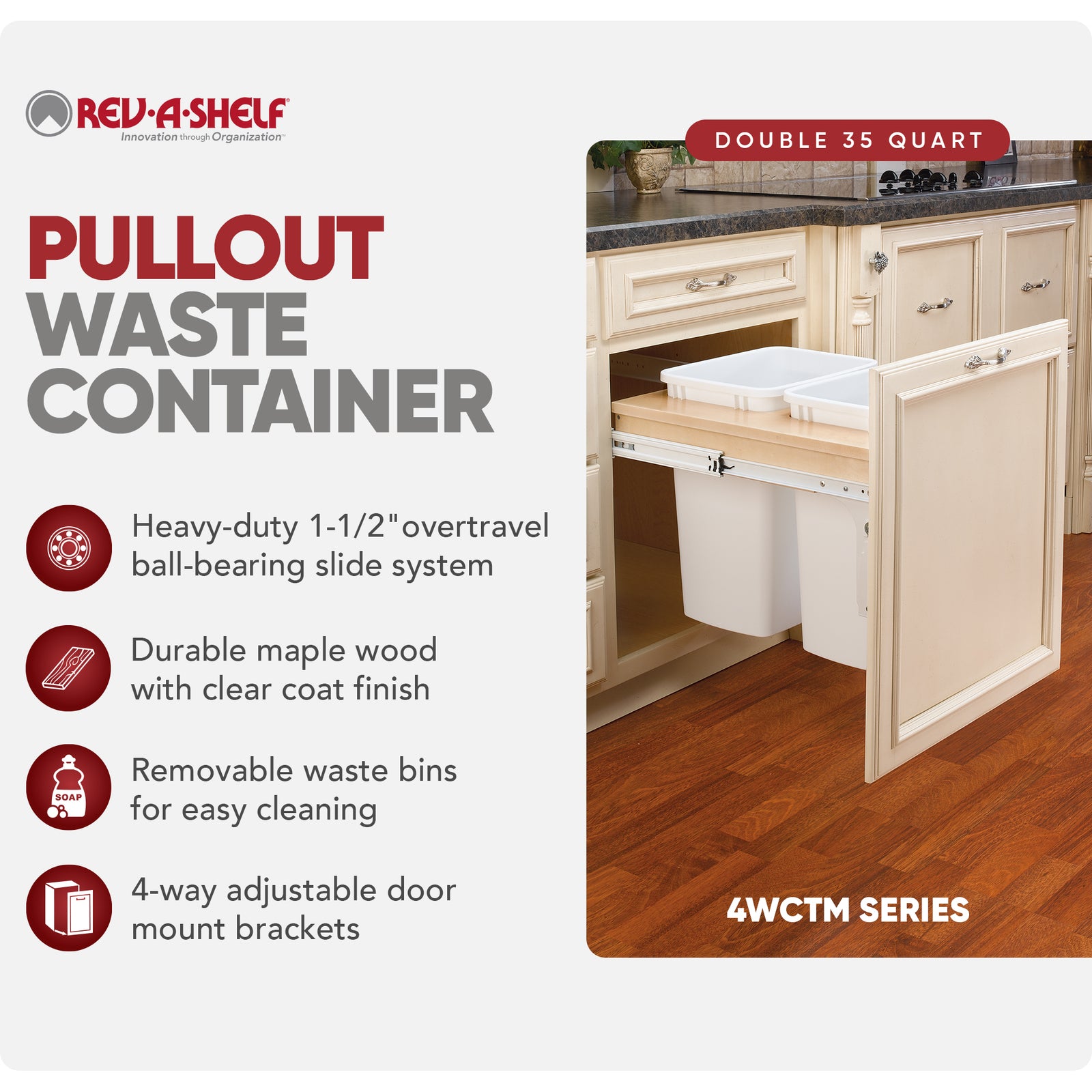 Rev-A-Shelf Double Pullout Top Mount Trash Can 35 qt., White, 4WCTM-24DM2 - VMInnovations