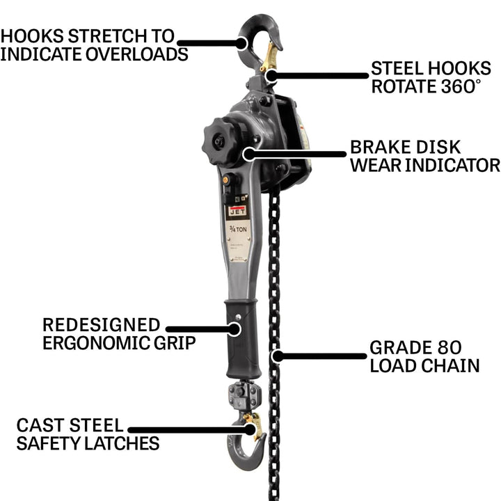 Jet Tools JLP-A Series 3/4 Ton Capacity Puller Hoist 15 Ft Lift with Hooks