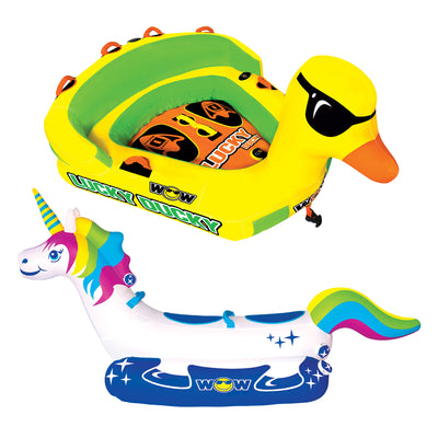 WOW Watersports Mega Ducky 2 Person Boating Tube and Rainbow Unicorn Lake Tube